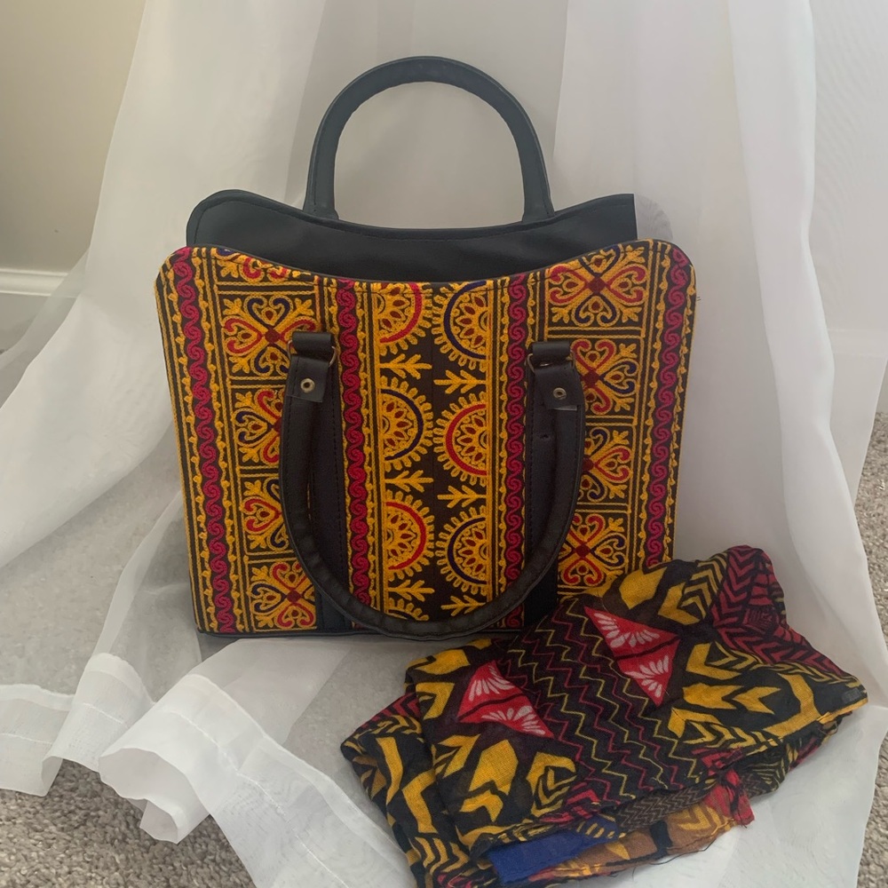 Colorful Patterned Women's Bag and Scarf Set Yellow Gold Red Black Embroidered